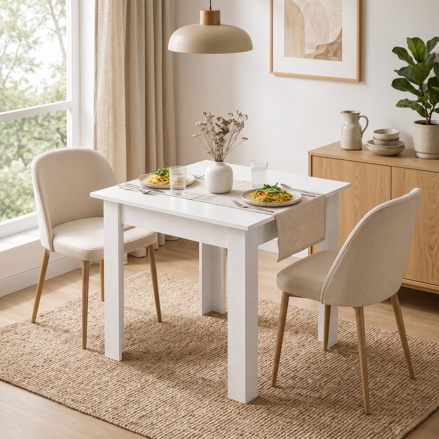 Square Dining Table, Kitchen Table with White Wood Effect