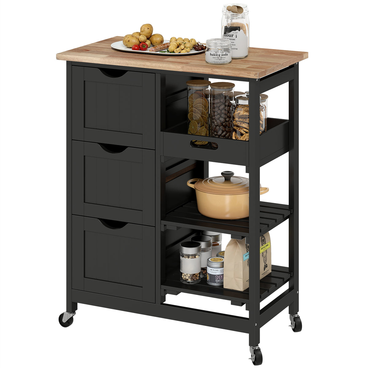 Rolling Kitchen Island Cart, Bar Serving Cart, Compact Trolley Black