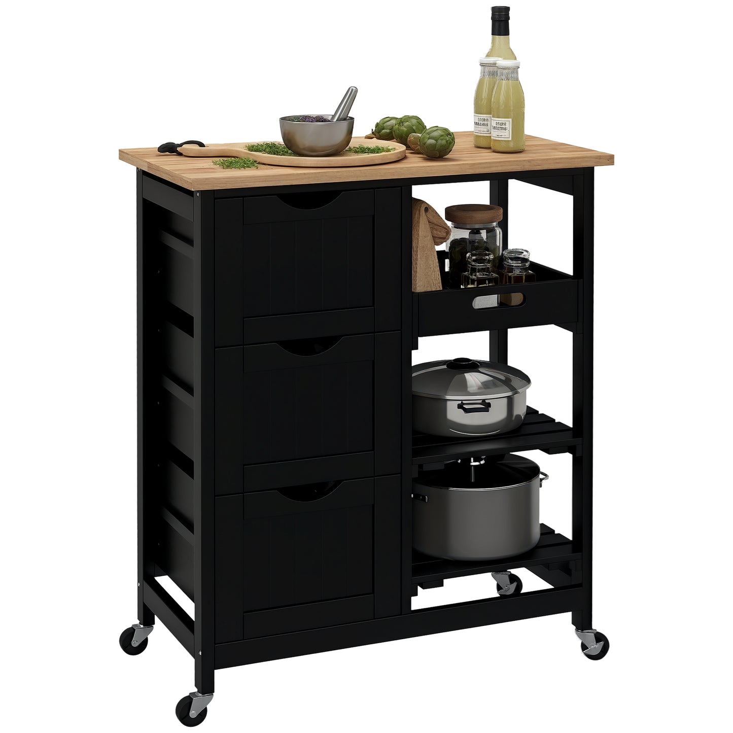 Rolling Kitchen Island Cart, Bar Serving Cart, Compact Trolley Black