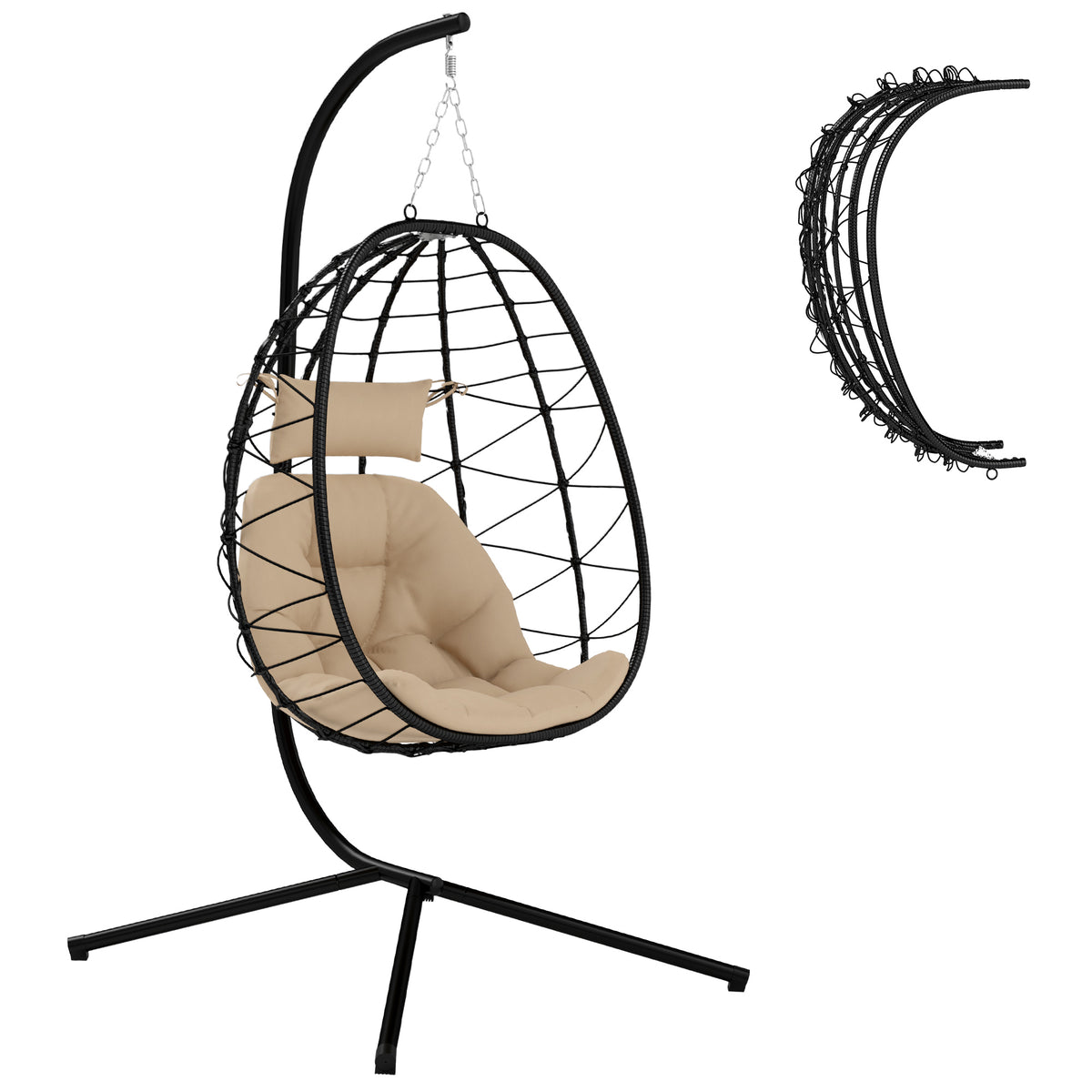 Garden Egg Chair Outdoor Hanging Swing Chair, Folding Basket, Khaki