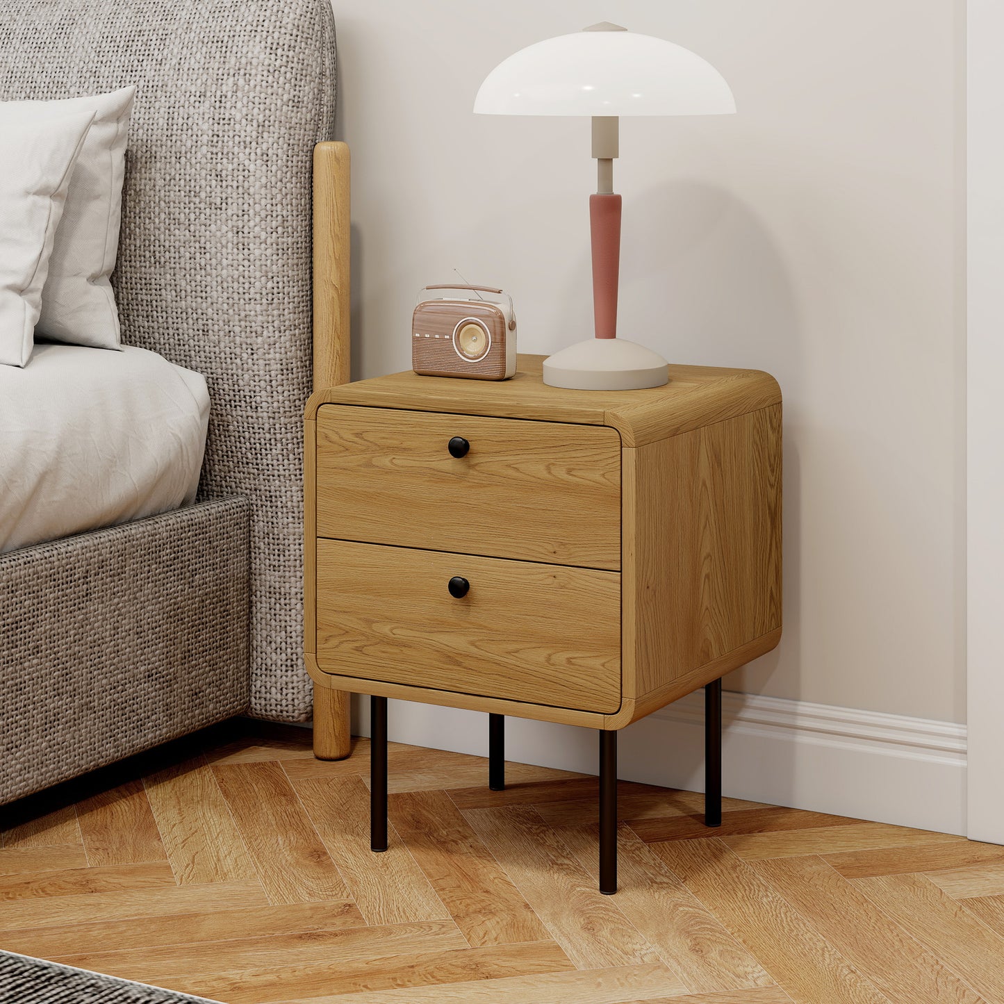 Bedside Table, Modern Nightstand with 2 Drawers Rounded Edges, Oak