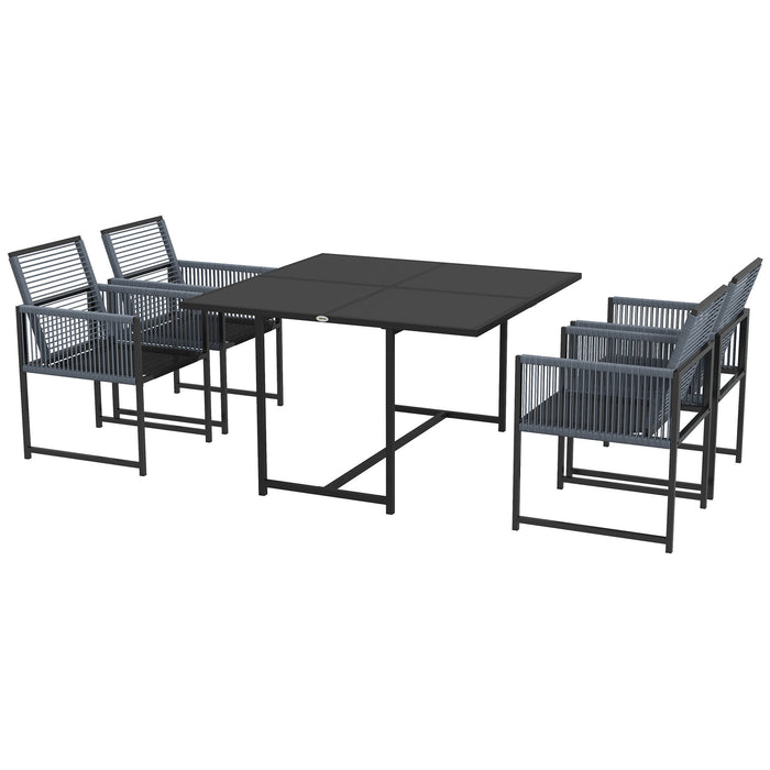 5 Pieces Garden Dining Set, Patio Dining Set, 4 Seater Outdoor Table and Chairs w/ Foldable Backrest, Tempered Glass Top, Handwoven