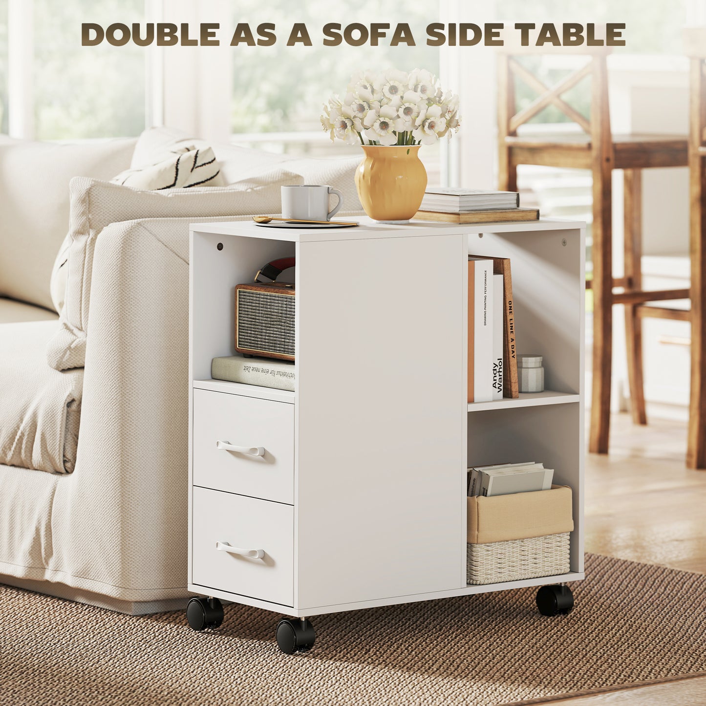 Mobile Printer Table with Drawers on Wheels for Home Office, White