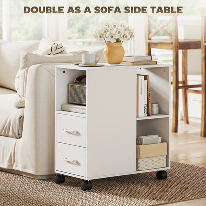 Mobile Printer Table with Drawers on Wheels for Home Office, White