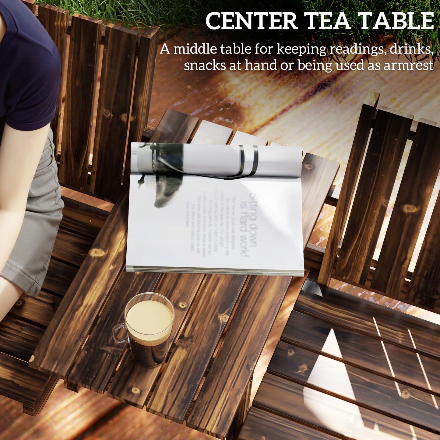 2-Seater Wooden Garden Bench with Armrest, Carbonised Finish