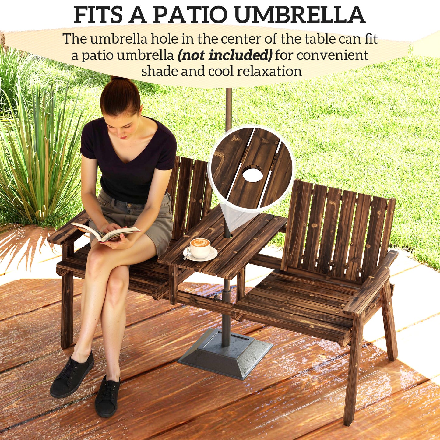 2-Seater Wooden Garden Bench with Armrest, Carbonised Finish