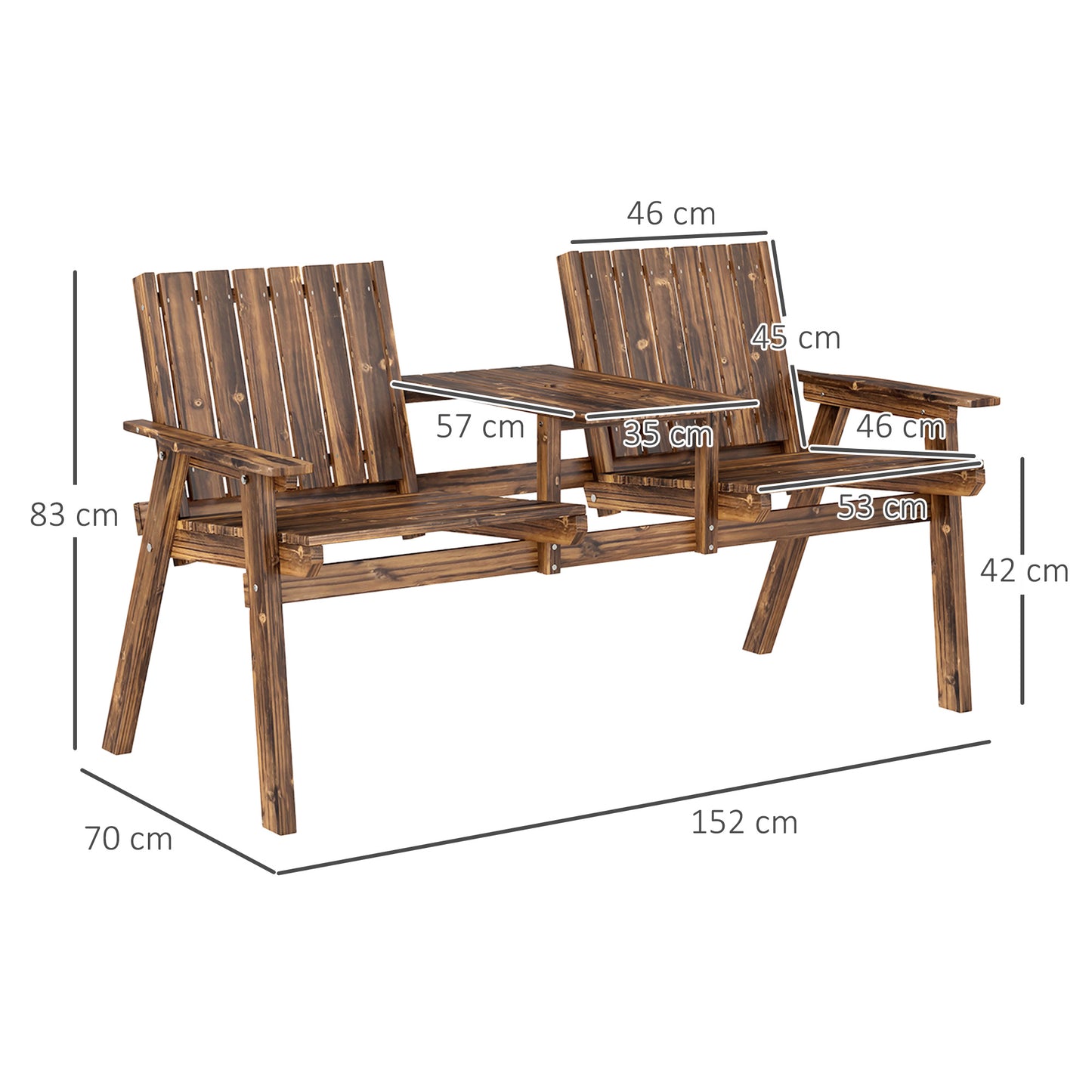 2-Seater Wooden Garden Bench with Armrest, Carbonised Finish