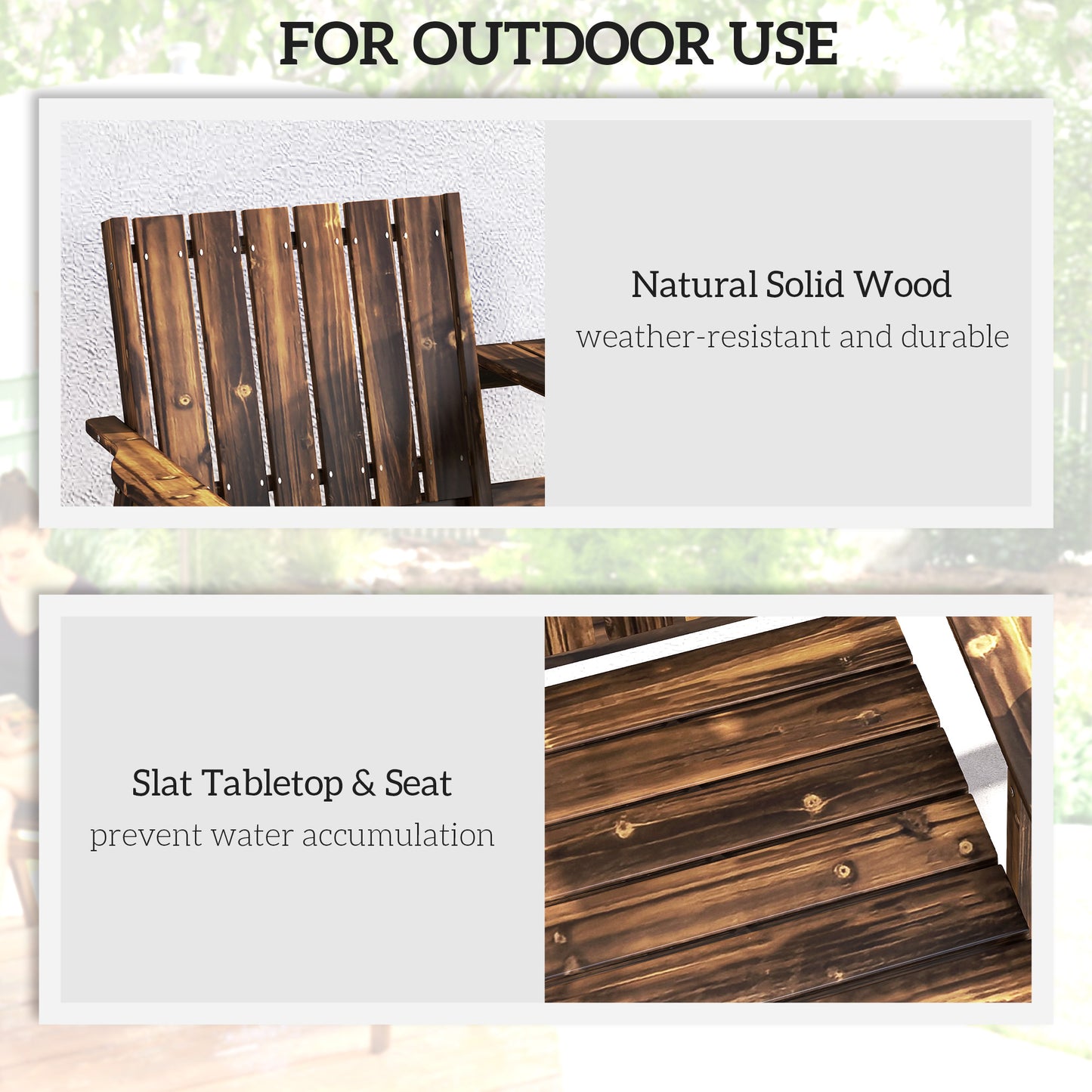 2-Seater Wooden Garden Bench with Armrest, Carbonised Finish