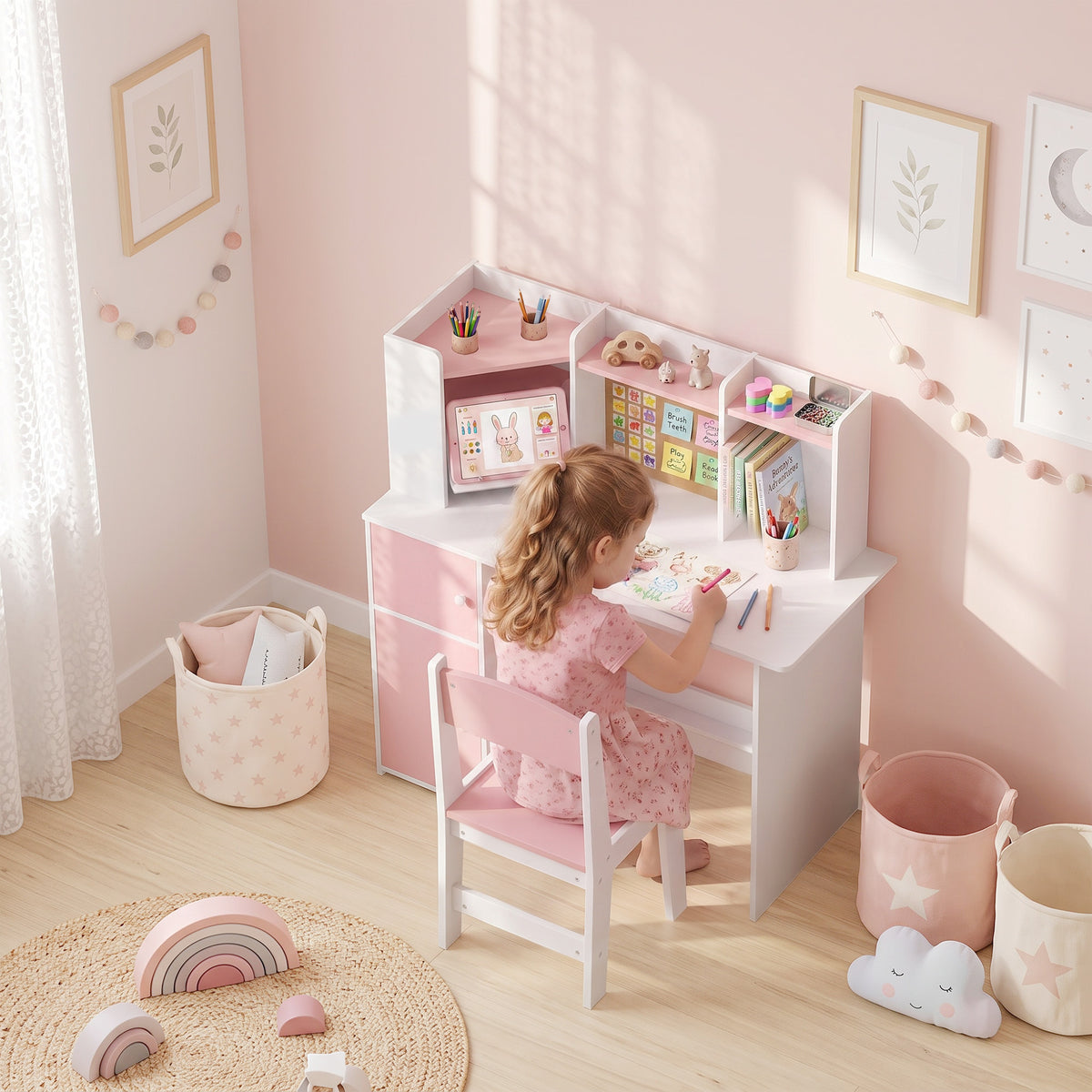 Kids Desk and Chair Set w/ Cabinets for Ages 5-12 Years, Pink
