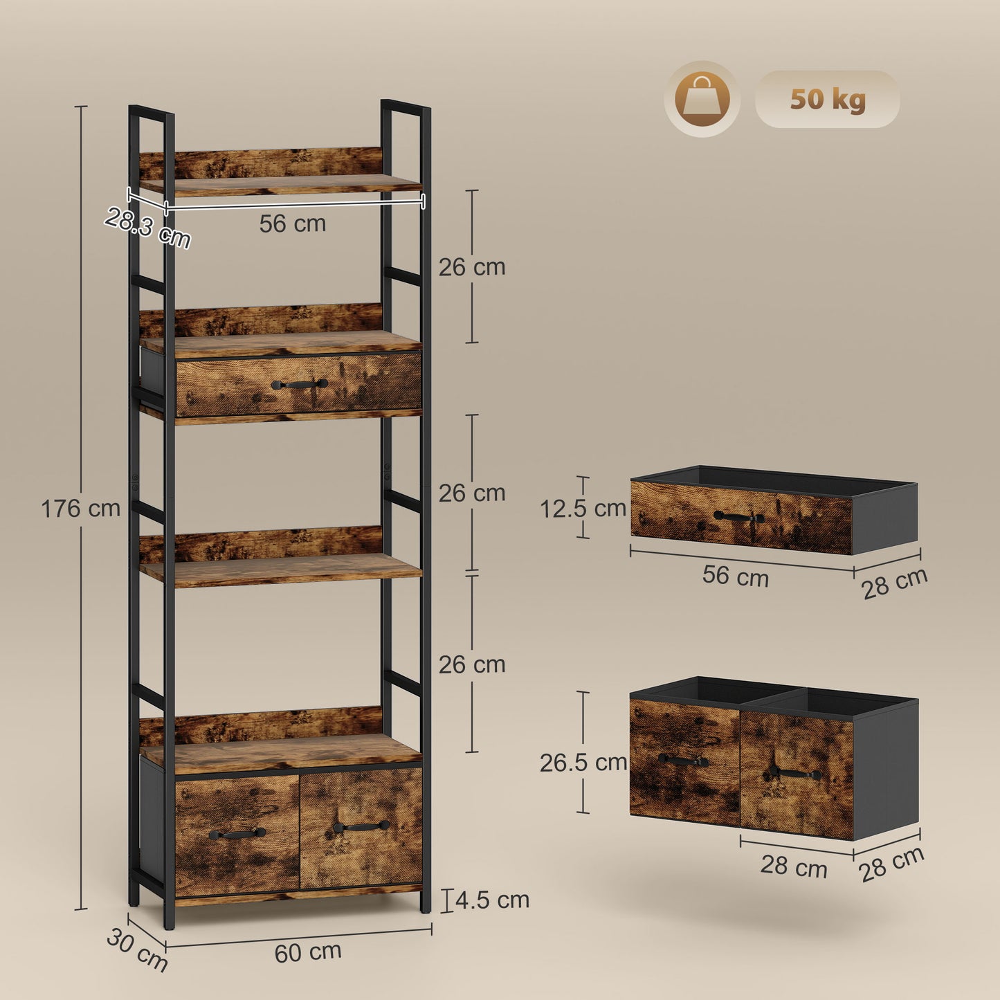 Industrial Bookshelf with 4 Shelves and 3 Fabric Drawers Rustic Brown