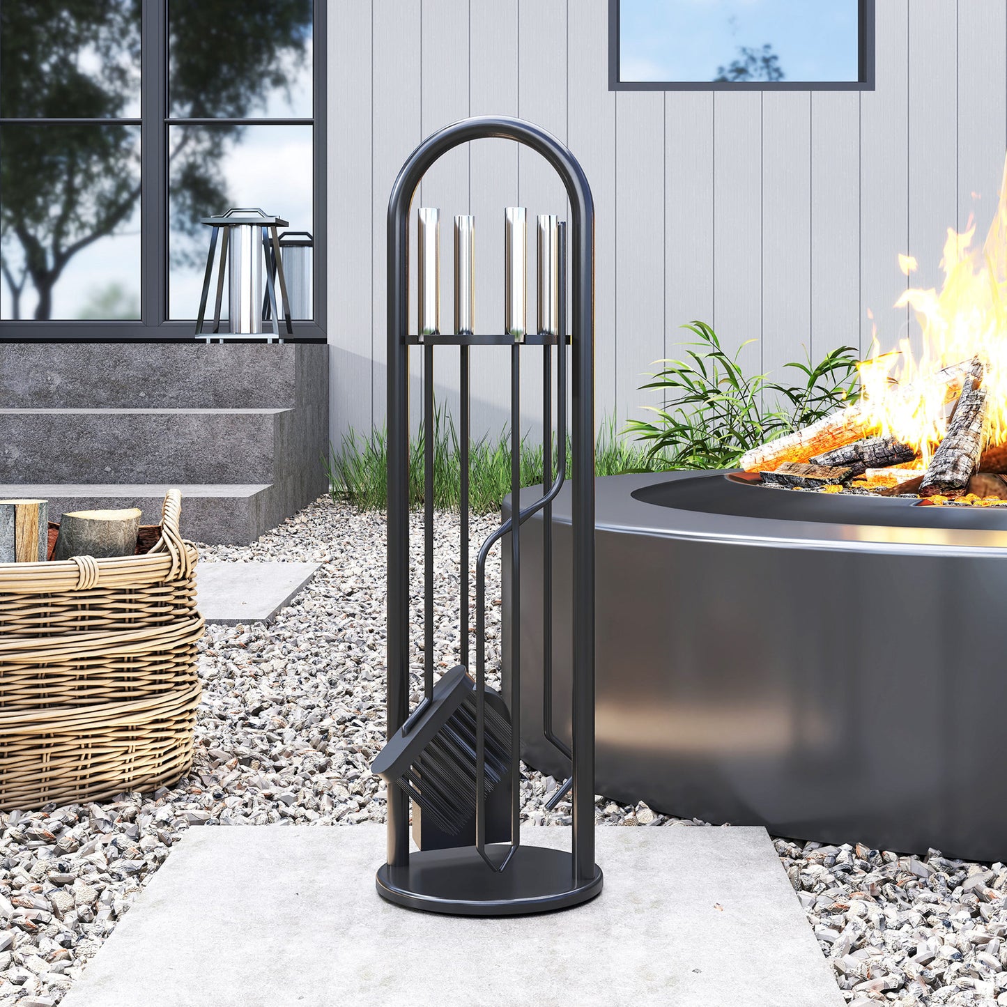 5 PCS Fireplace Companion Set, Metal Fireside Companion Set, Silver