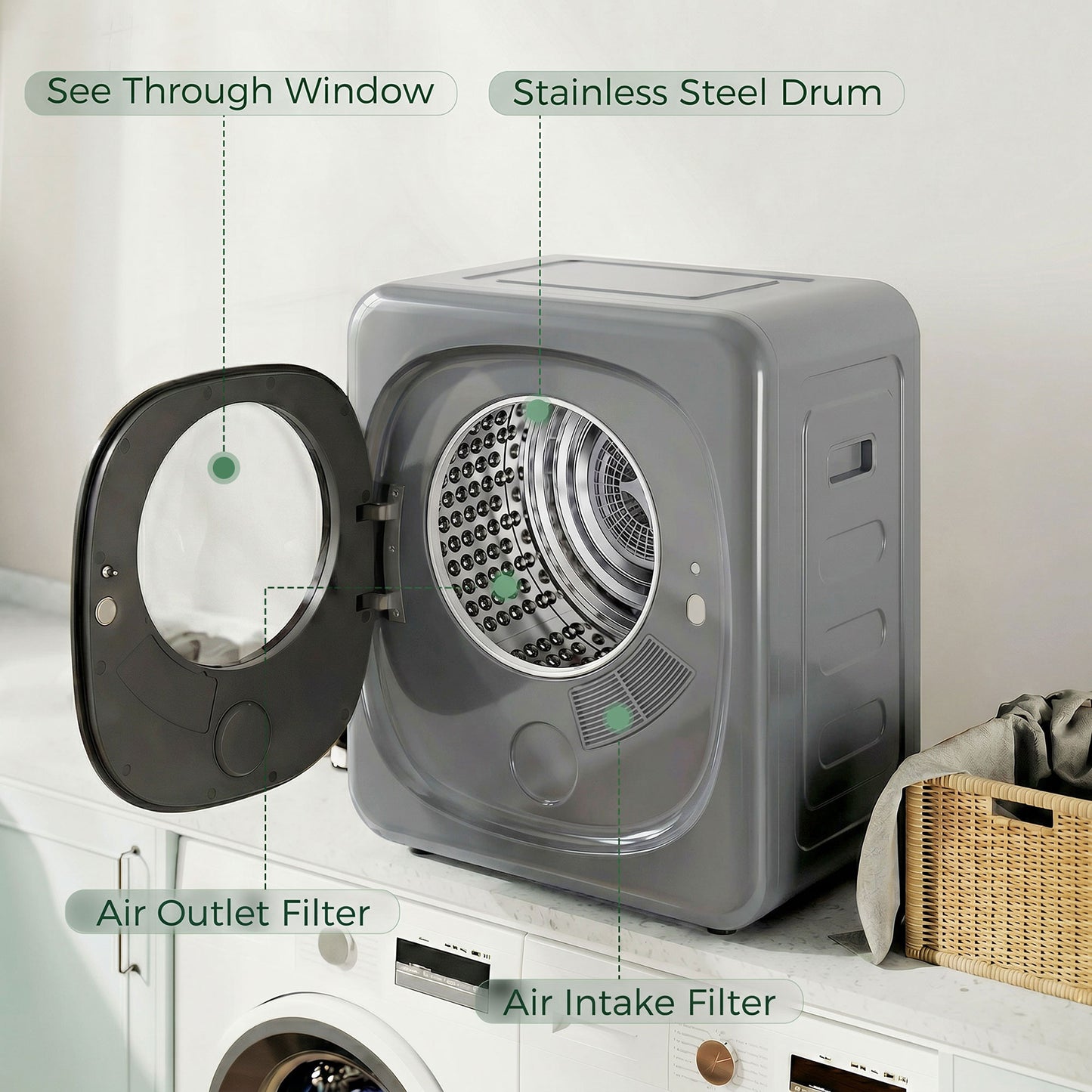 Compact Dryer Machine with 5 Modes, 4kg Small Tumble Dryer, Silver