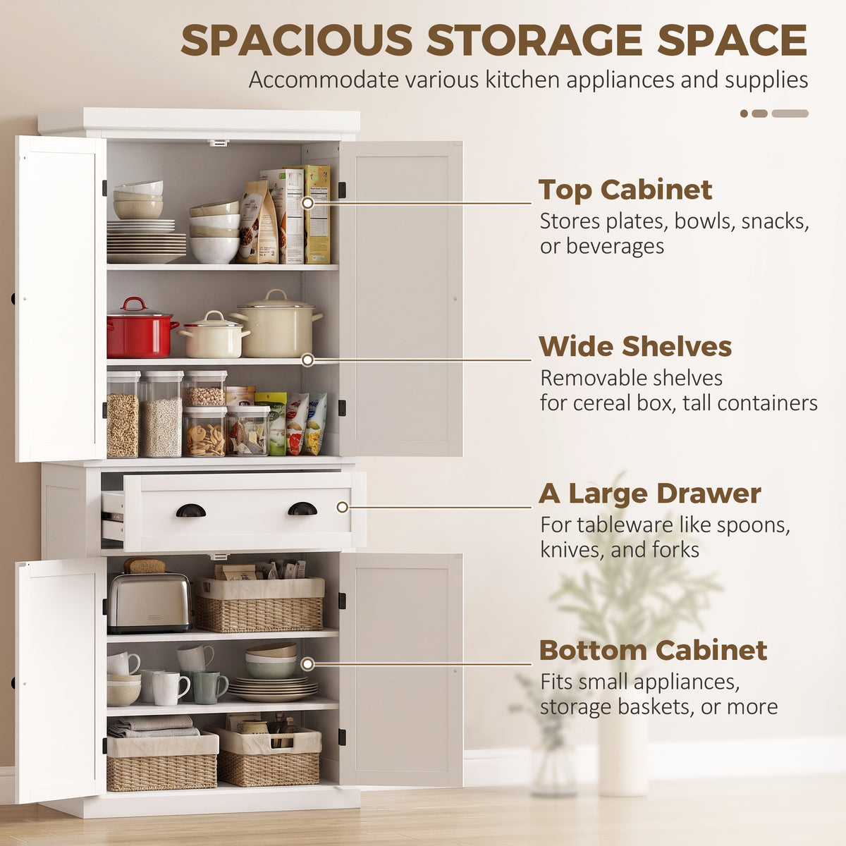 Tall Kitchen Cupboard, 183cm Freestanding Storage Cabinet with Drawer