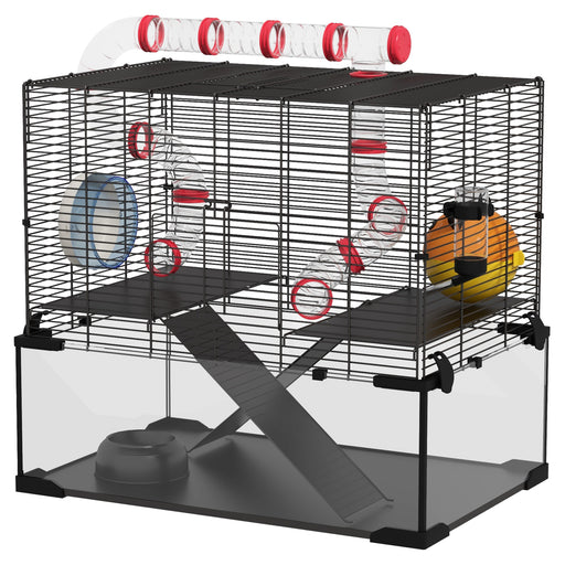 Gerbil Cage Dwarf Hamster Cage, with Deep Glass Bottom, Tunnels, Hut, Exercise Wheel, 60 x 40 x 57cm