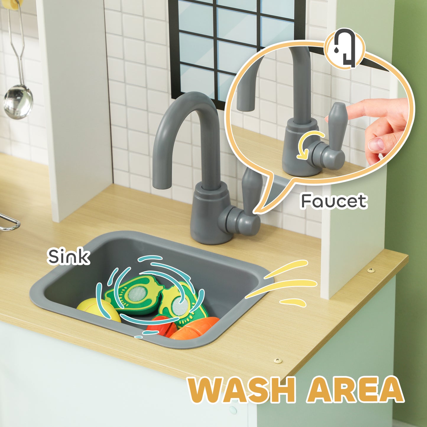 Play Kitchen, Large Kids Pretend Role Play Kitchen with Light & Sound Stove, Oven, Microwave, Sink, Cooking Accessories, Gift for Boys and Girls Ages 3+