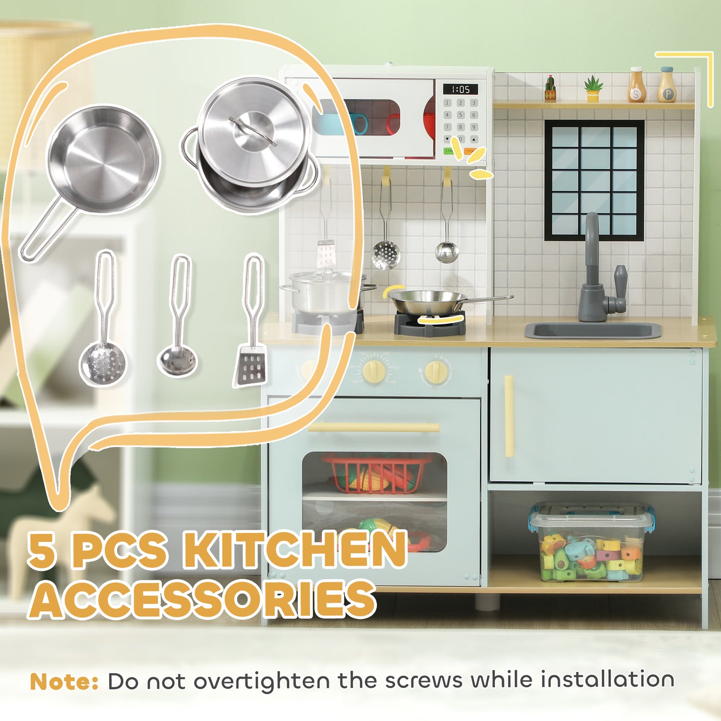 Play Kitchen, Large Kids Pretend Role Play Kitchen with Light & Sound Stove, Oven, Microwave, Sink, Cooking Accessories, Gift for Boys and Girls Ages 3+