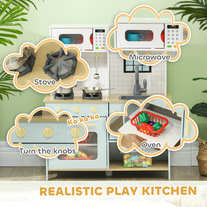 Play Kitchen, Large Kids Pretend Role Play Kitchen with Light & Sound Stove, Oven, Microwave, Sink, Cooking Accessories, Gift for Boys and Girls Ages 3+