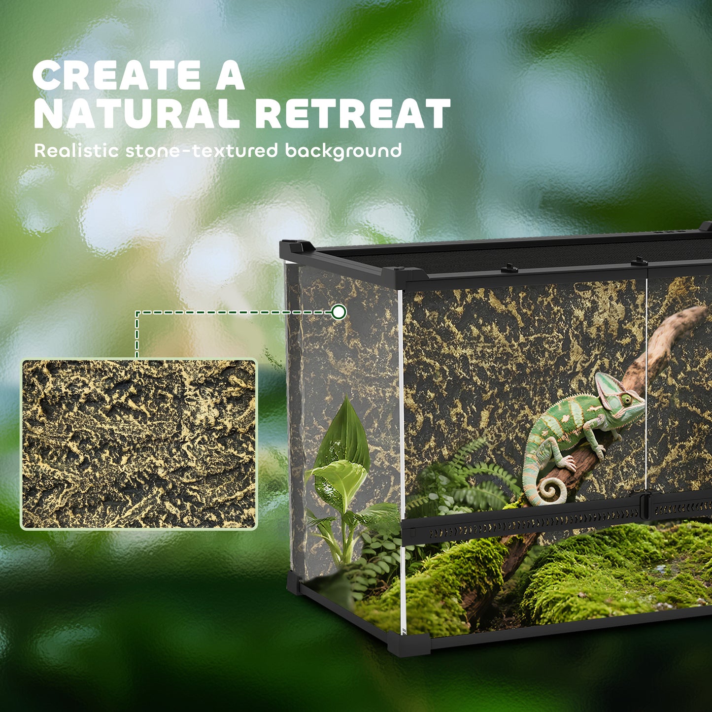 48L Glass Terrarium, Reptile Vivarium with Stone Background, Black