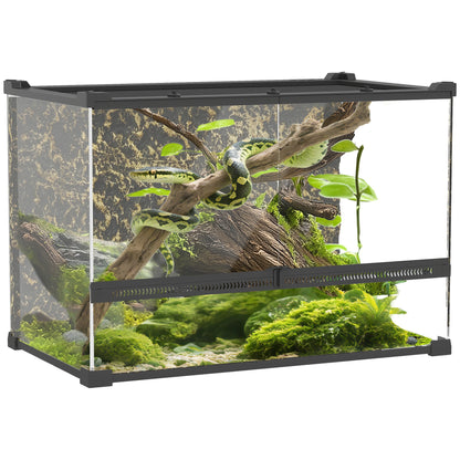 48L Glass Terrarium, Reptile Vivarium with Stone Background, Black