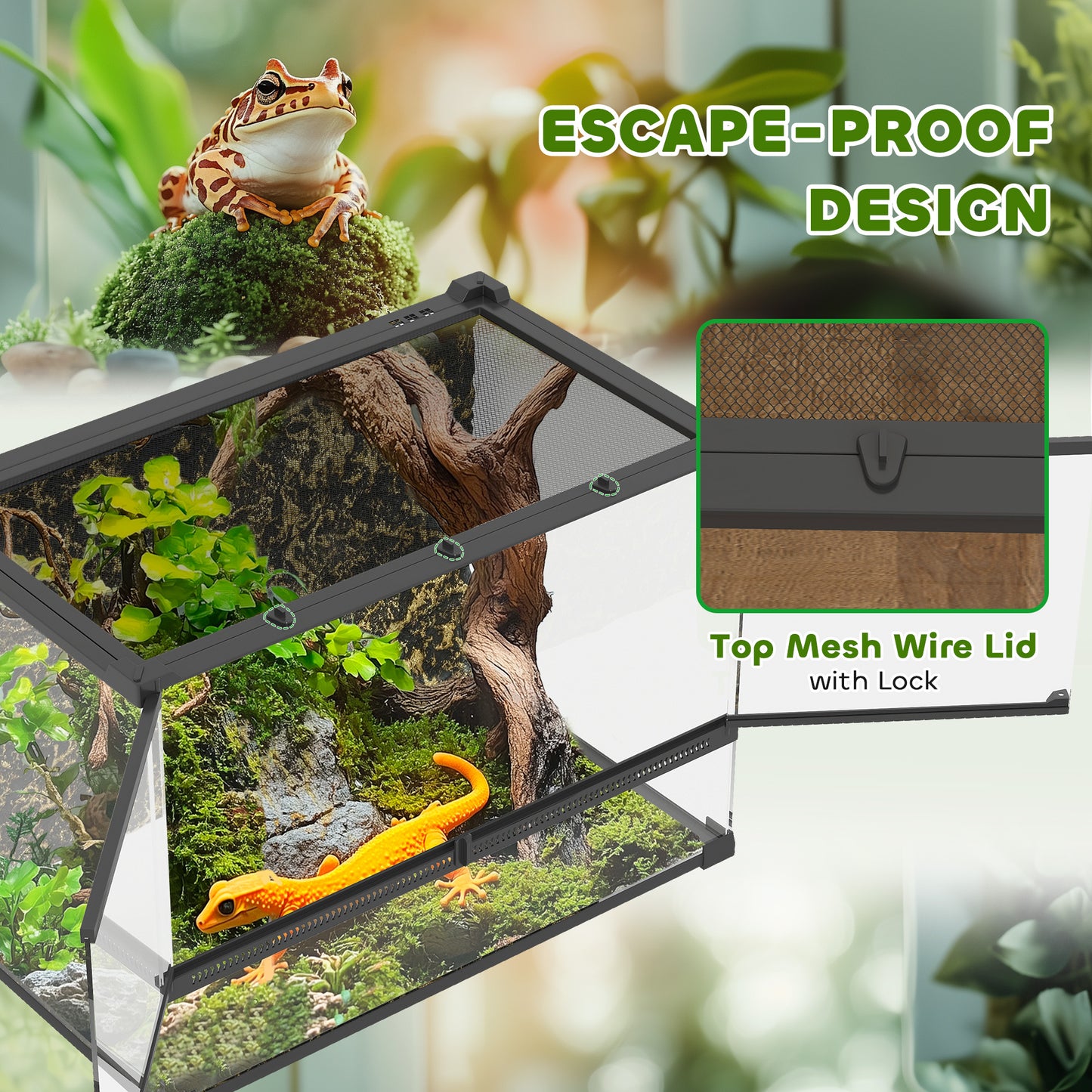 48L Glass Terrarium, Reptile Vivarium with Stone Background, Black