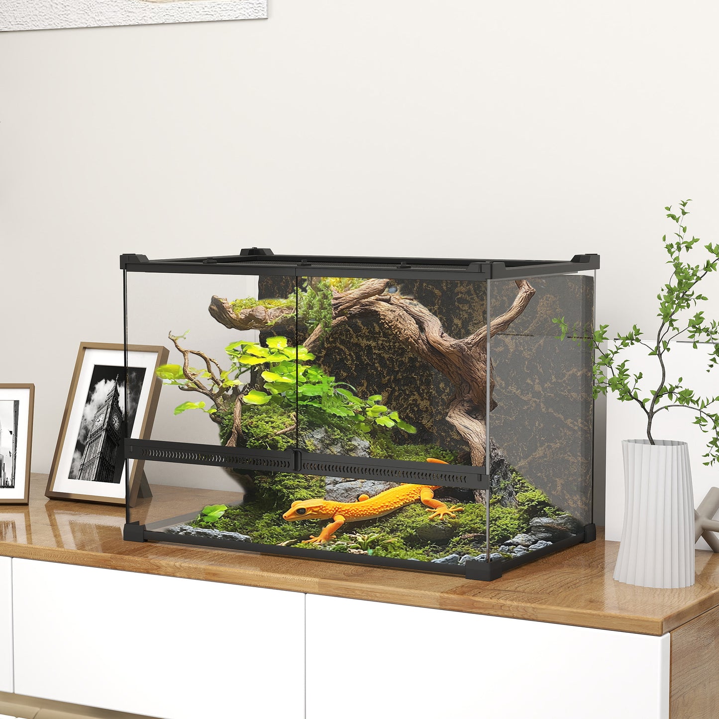 48L Glass Terrarium, Reptile Vivarium with Stone Background, Black