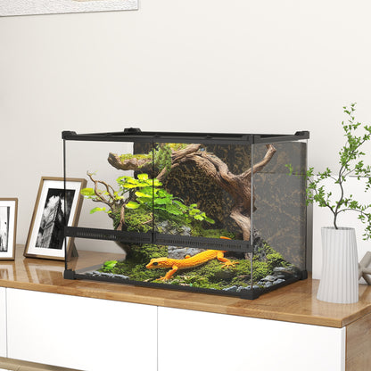 48L Glass Terrarium, Reptile Vivarium with Stone Background, Black