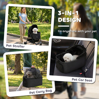 Dog Stroller, 3 in 1 Foldable Pet Stroller for Small Puppy Cat with Detachable Travel Carrier, 4 Wheels Dog Pram with Storage Basket, Seat Leashes, Mesh Window, Black