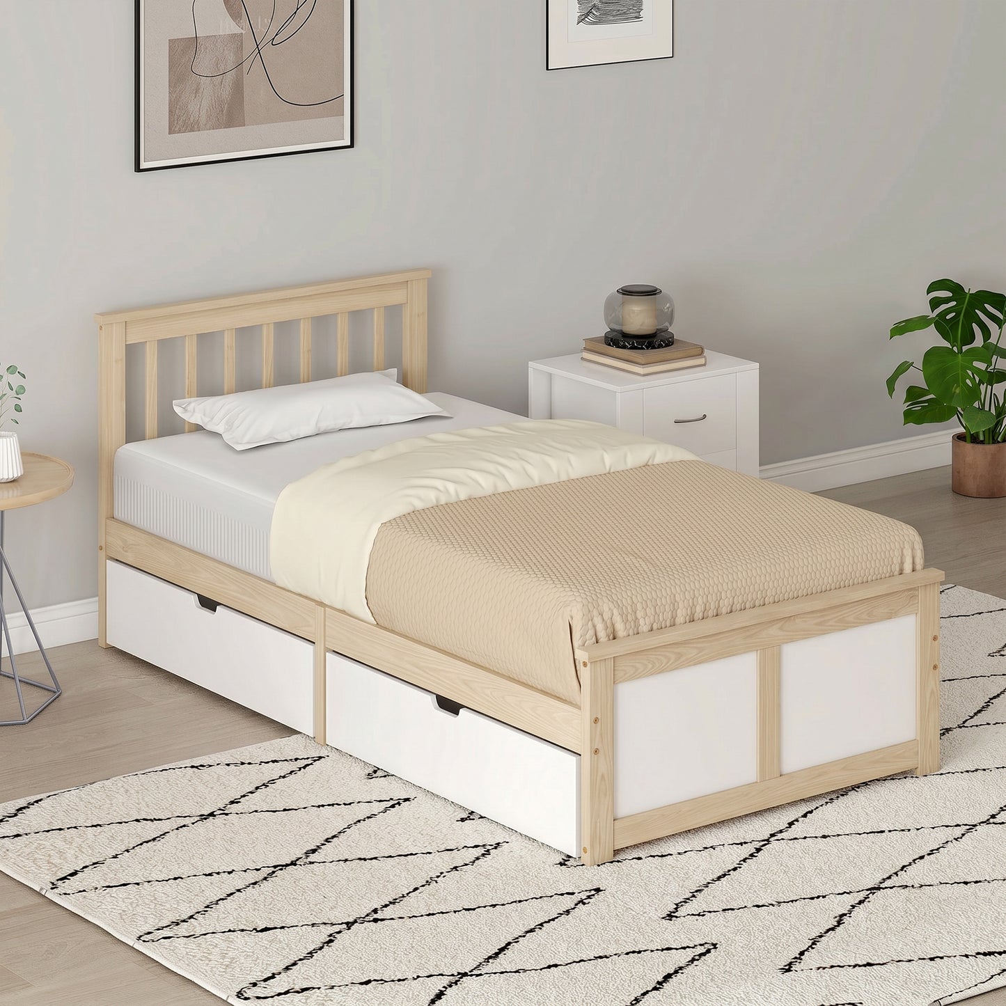 Storage Bed with 2 Drawers, Headboard, Wood Slat Support, Natural