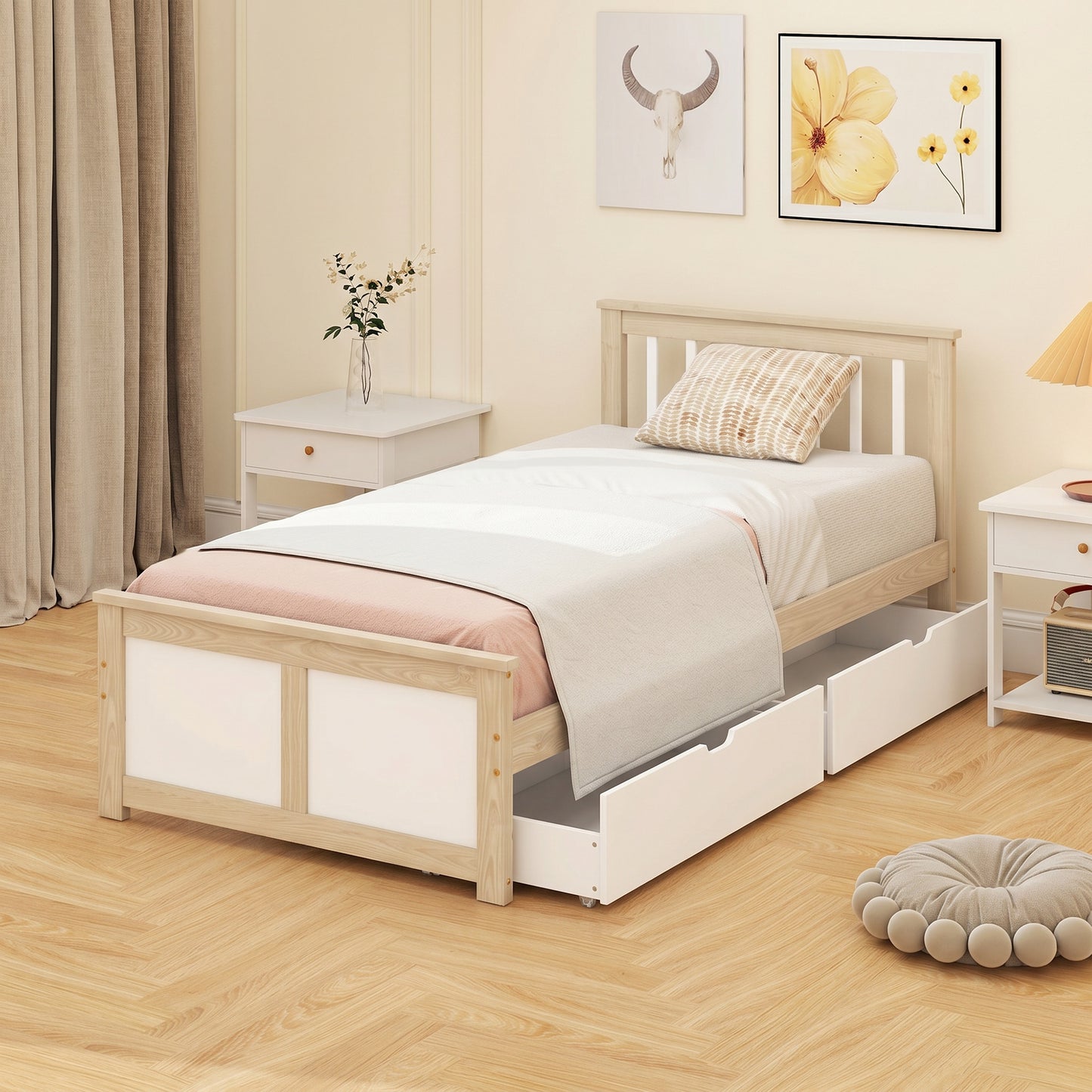 Storage Bed with 2 Drawers, Headboard, Wood Slat Support, Natural
