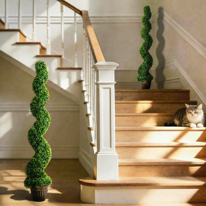 Set of 2 Potted Artificial Plants, Topiary Spiral Boxwood Trees