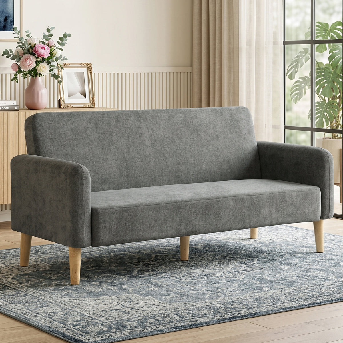 2 Seater Sofa, Velvet Small Couch with Plush Backrest, Grey