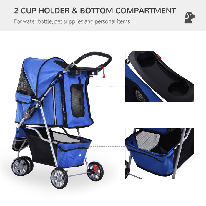 Dog Pram Pet Travel Stroller Dog Pushchair W/Three Wheels-Blue