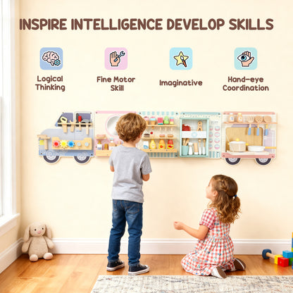 Wooden Busy Board, 5 in 1 Wall Panel Sensory Toy for Kids