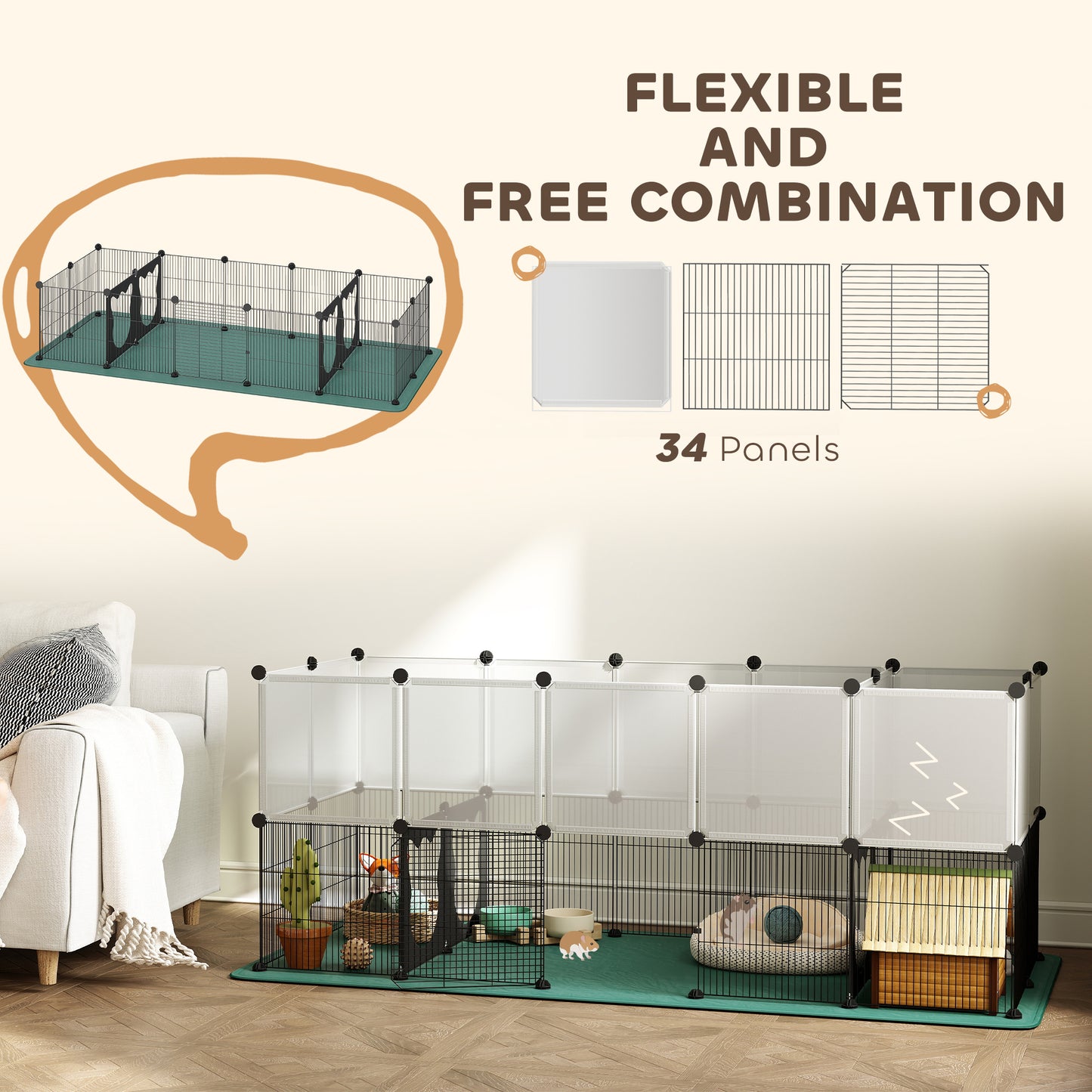 Pet Playpen with Waterproof Mat, DIY Small Animal Enclosure 34 Panels