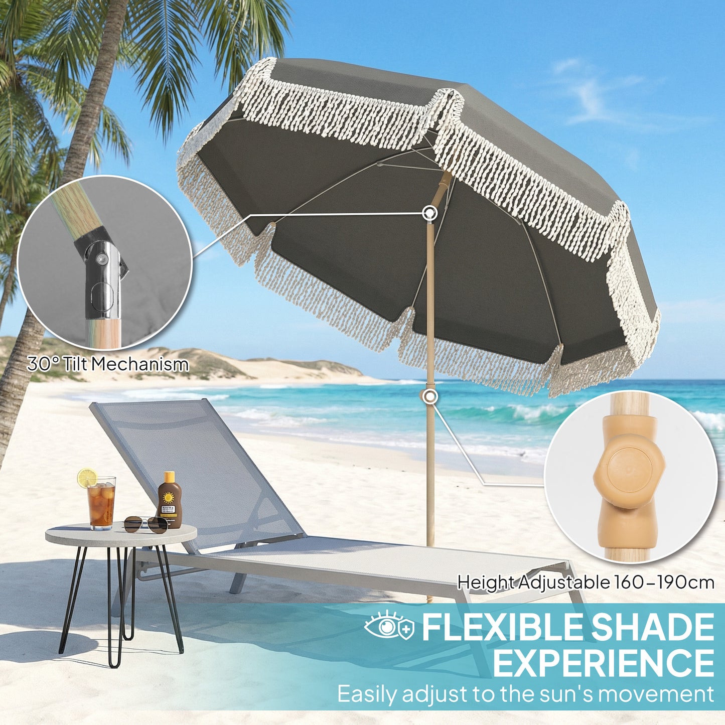 1.7 m Beach Umbrella, Adjustable Height Portable Parasol, Grey