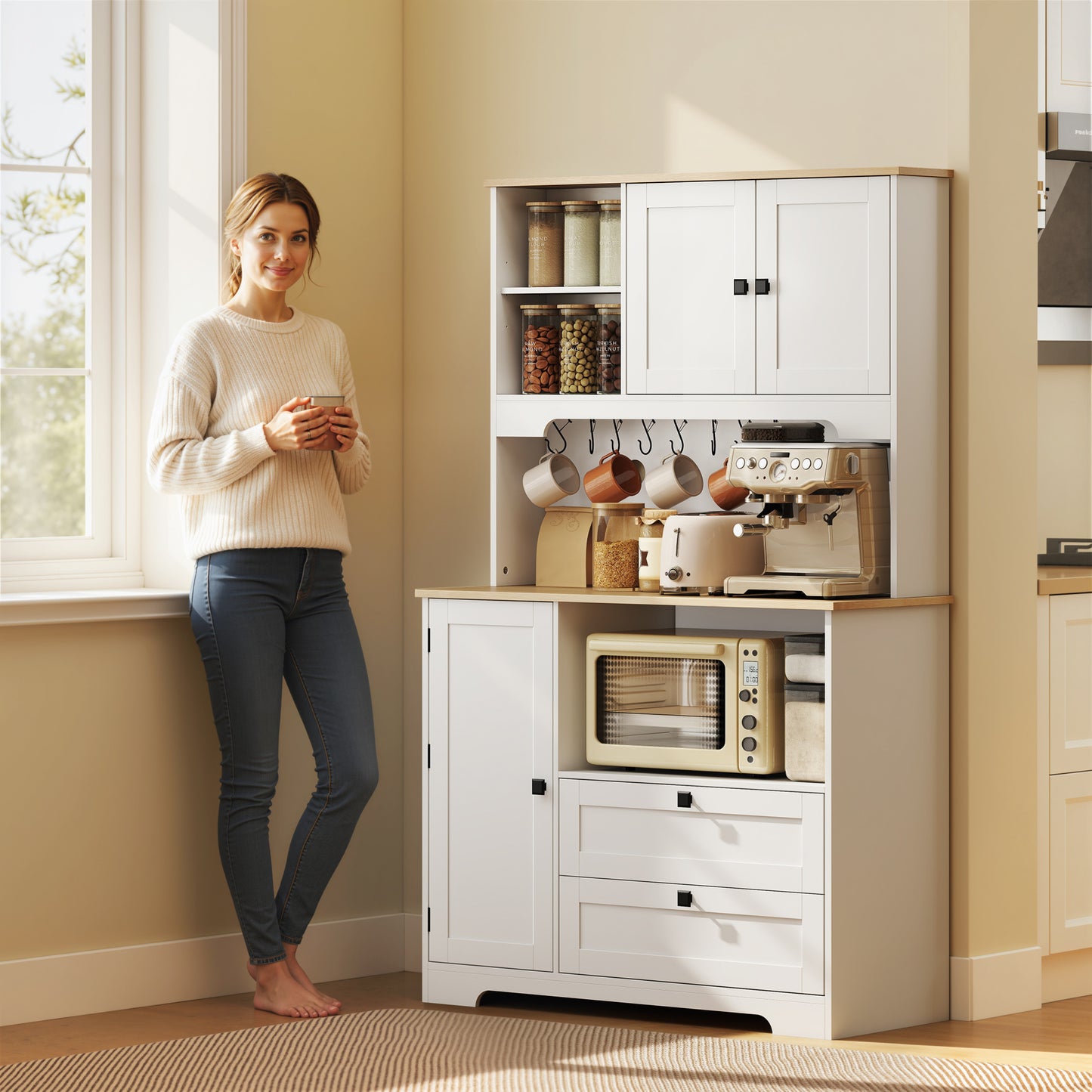 Kitchen Cupboard, Kitchen Cabinet with 2 Cabinets, 2 Drawers, White
