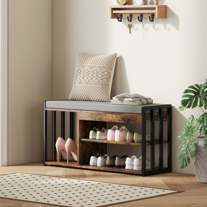 Upholstered Entryway Shoe Bench with Storage Shelves, Rustic Brown