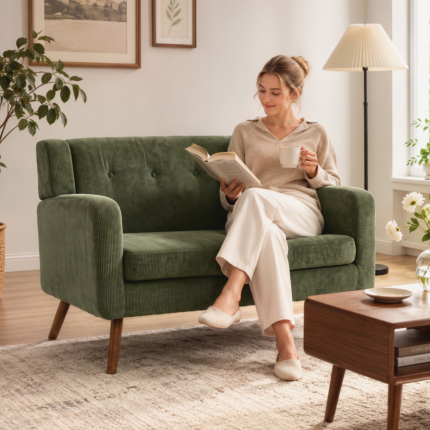 2 Seater Sofa, 118 cm Corduroy Small Loveseat Sofa, Dark Green