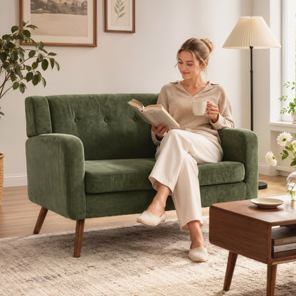 2 Seater Sofa, 118 cm Corduroy Small Loveseat Sofa, Dark Green