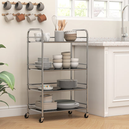 4 Tier Kitchen Trolley on Wheels Serving Cart with Handles Silver