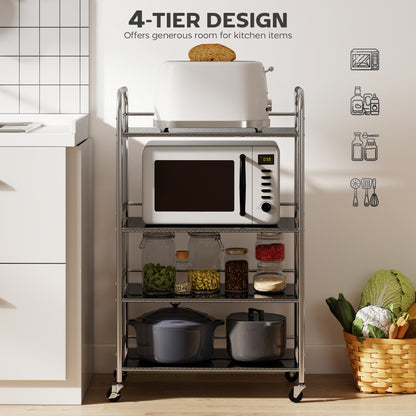 4 Tier Kitchen Trolley on Wheels Serving Cart with Handles Silver