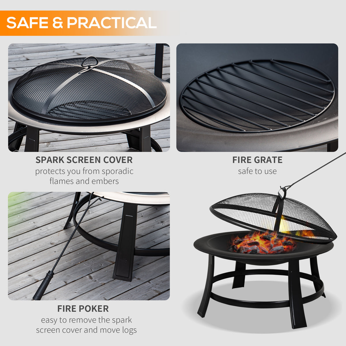Fire Pit Heater Round Cover Wood Burning Metal Black 30” Outdoor