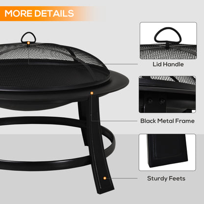 Fire Pit Heater Round Cover Wood Burning Metal Black 30” Outdoor