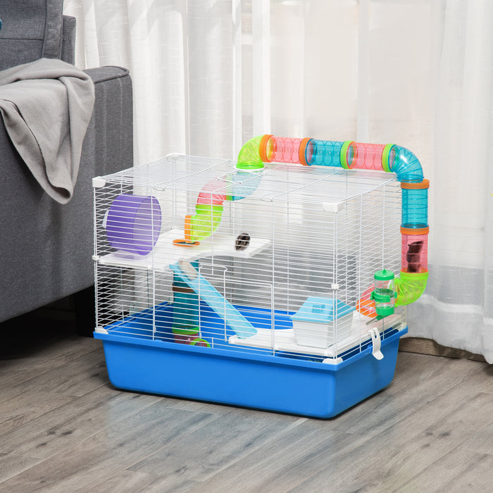 Large Hamster Cage, 3-Level Small Rodents House, with Tube Tunnel, Exercise Wheel, Water Bottle, Food Dish, Ramps, Hut, 59 x 36 x 47 cm, Blue