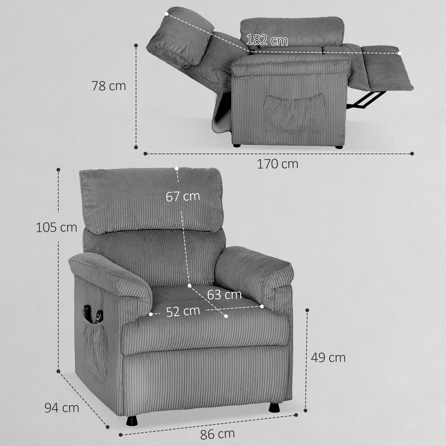 Massage Recliner with Quiet Motor, Power Reclining Chair, Grey