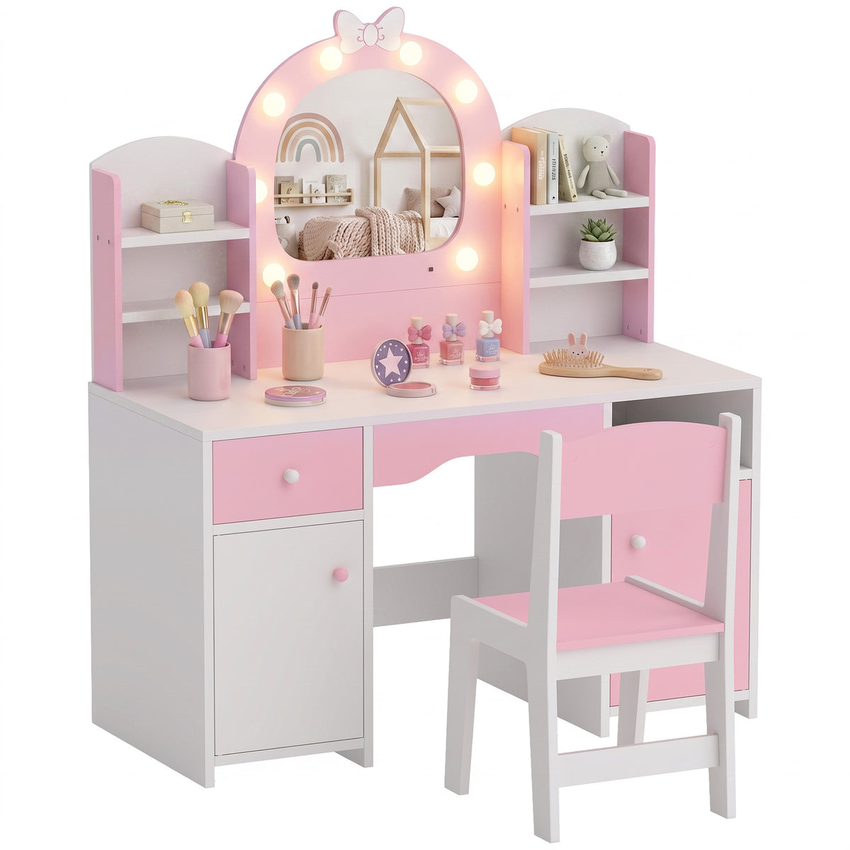 Kids Dressing Table with Stool, Lighted Mirror, Pink