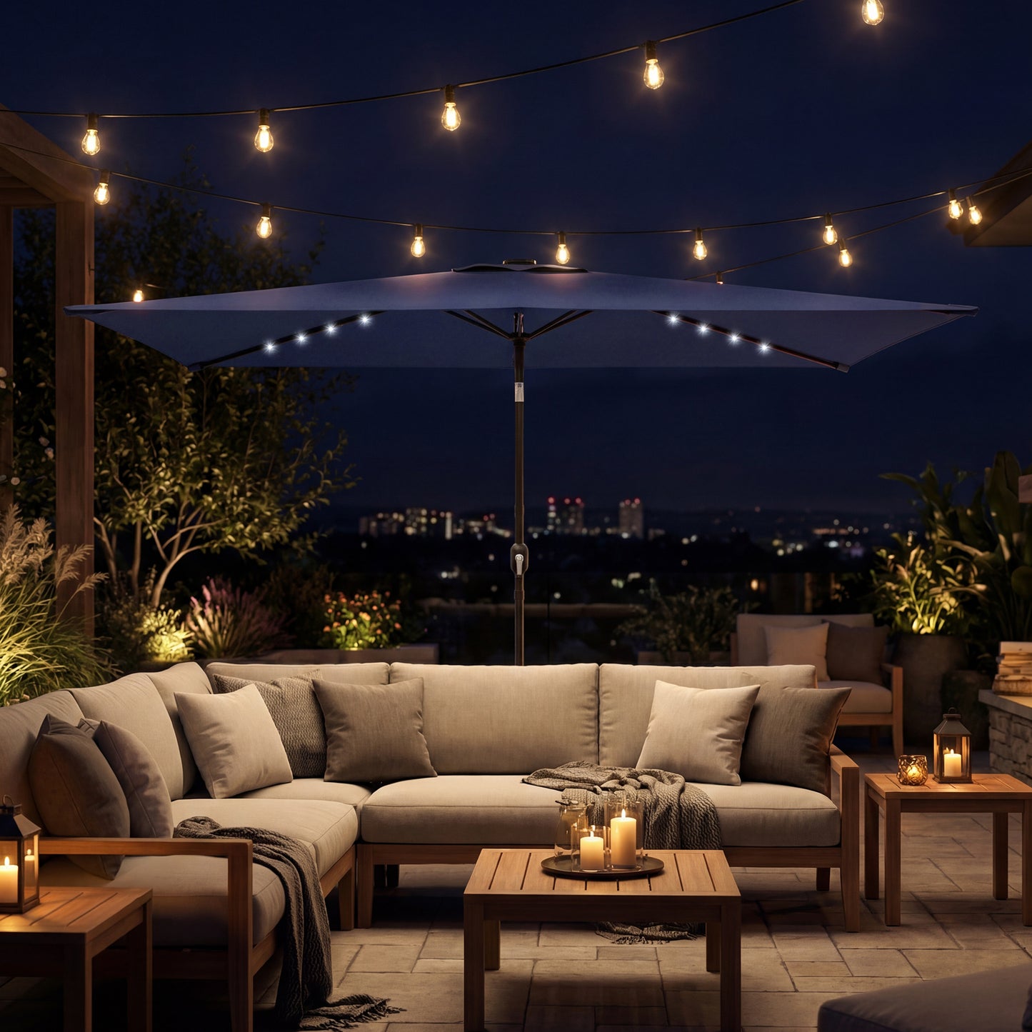 3 x 2 m Garden Parasol Umbrella with Light, Outdoor Patio Umbrella