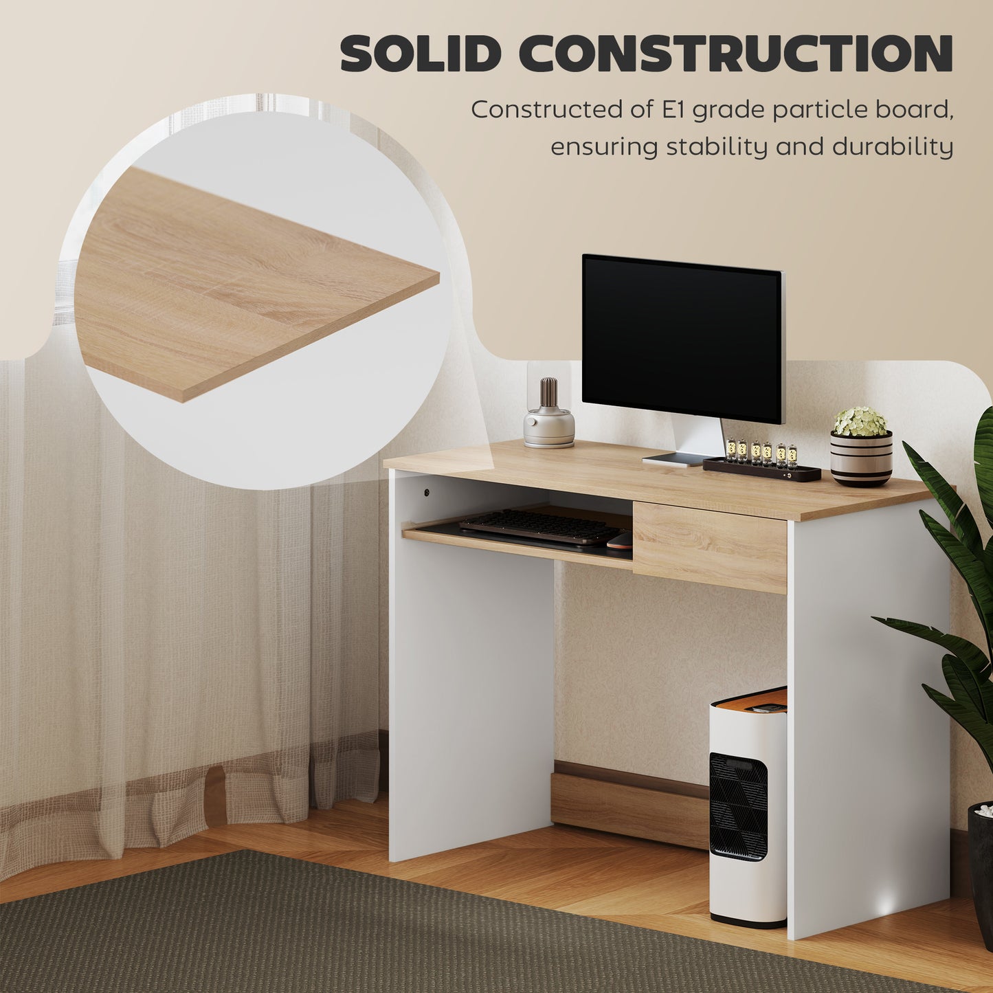 Compact Computer Table with Keyboard Tray and Drawer, Oak