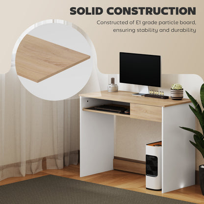 Compact Computer Table with Keyboard Tray and Drawer, Oak