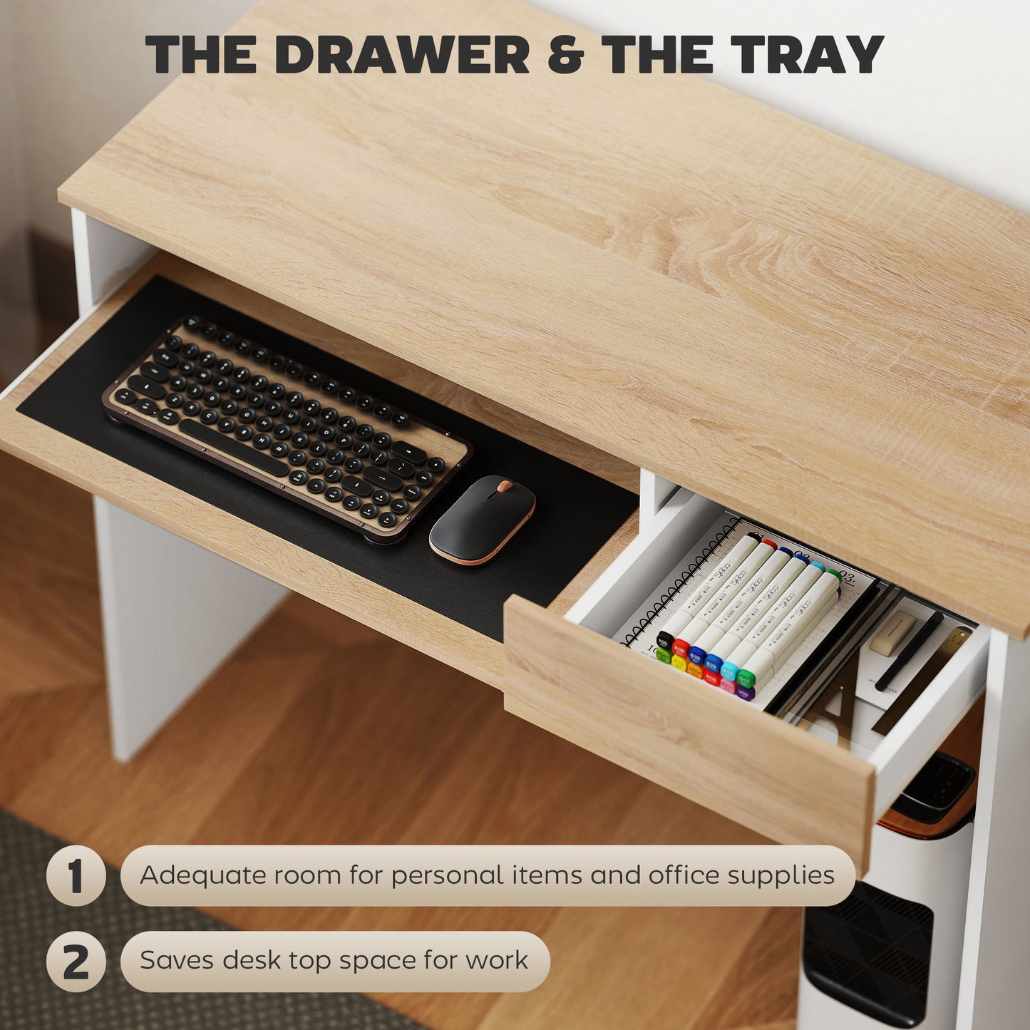 Compact Computer Table with Keyboard Tray and Drawer, Oak